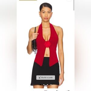 With Jean rose top in red